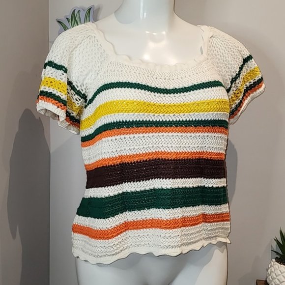 Torrid - Pullover Square Neck Flutter Sleeve Sweater in White with Multi Stripes - Picture 2 of 13